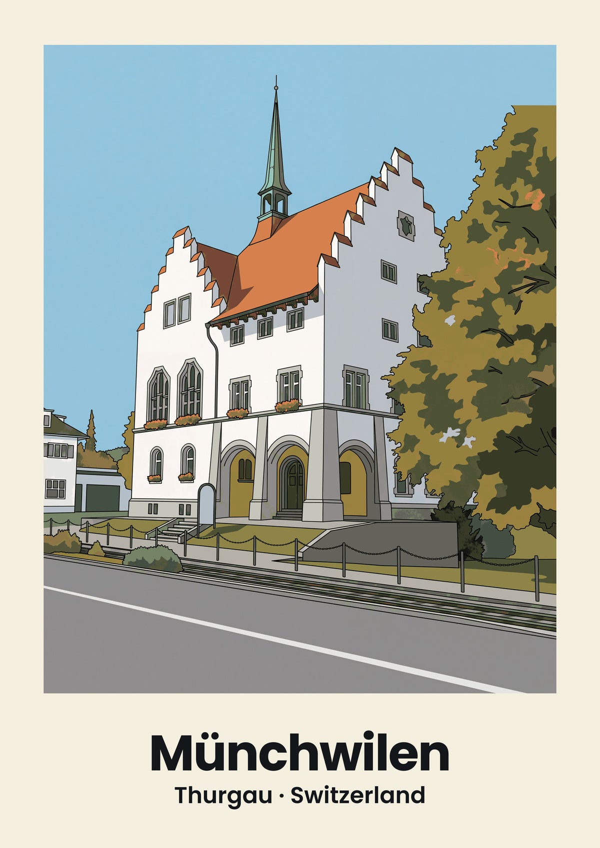 Münchwilen Poster — Bezirksgebäude, flache Illustration