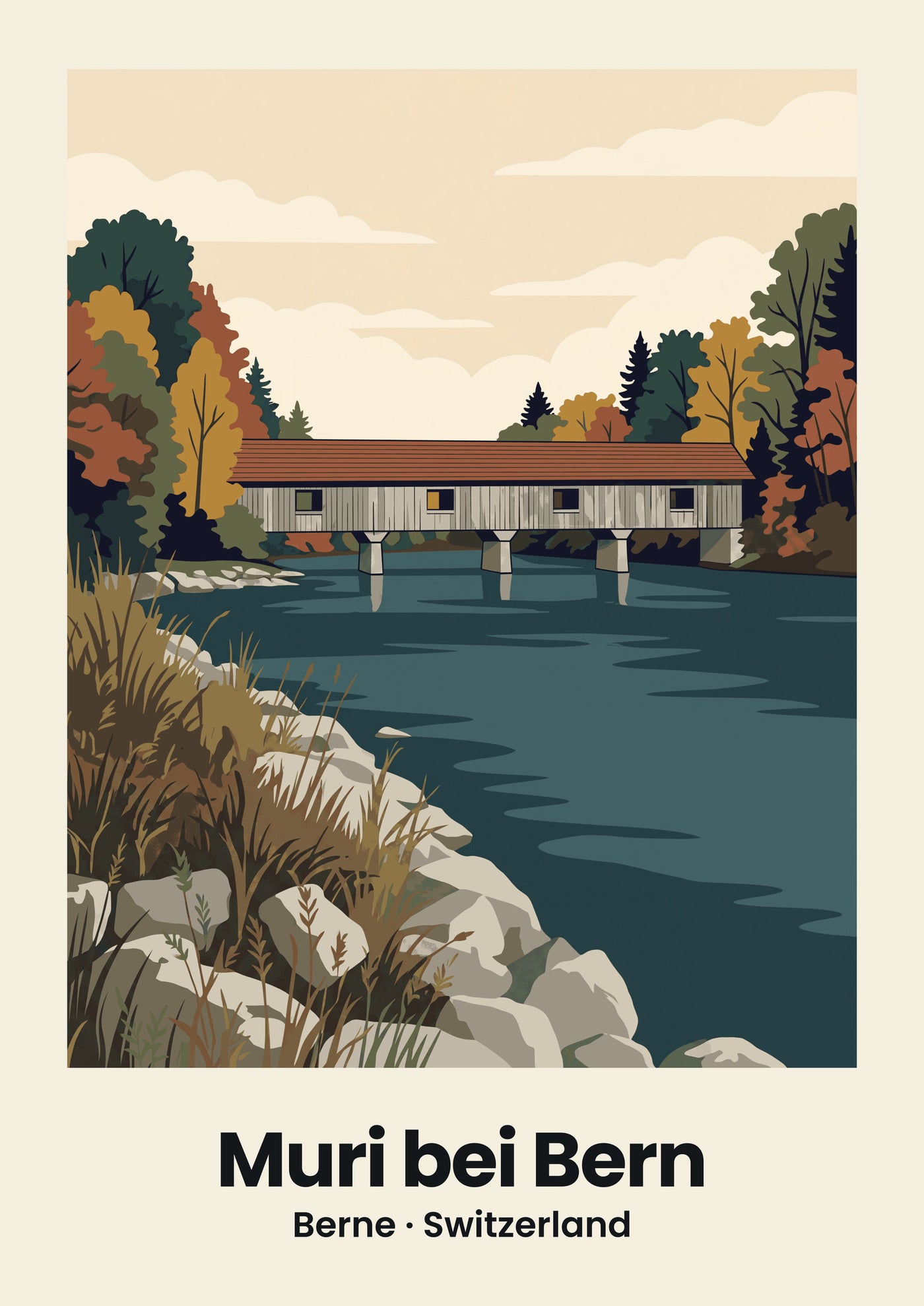 Muri bei Bern Poster — Auguetbrücke, flache Illustration
