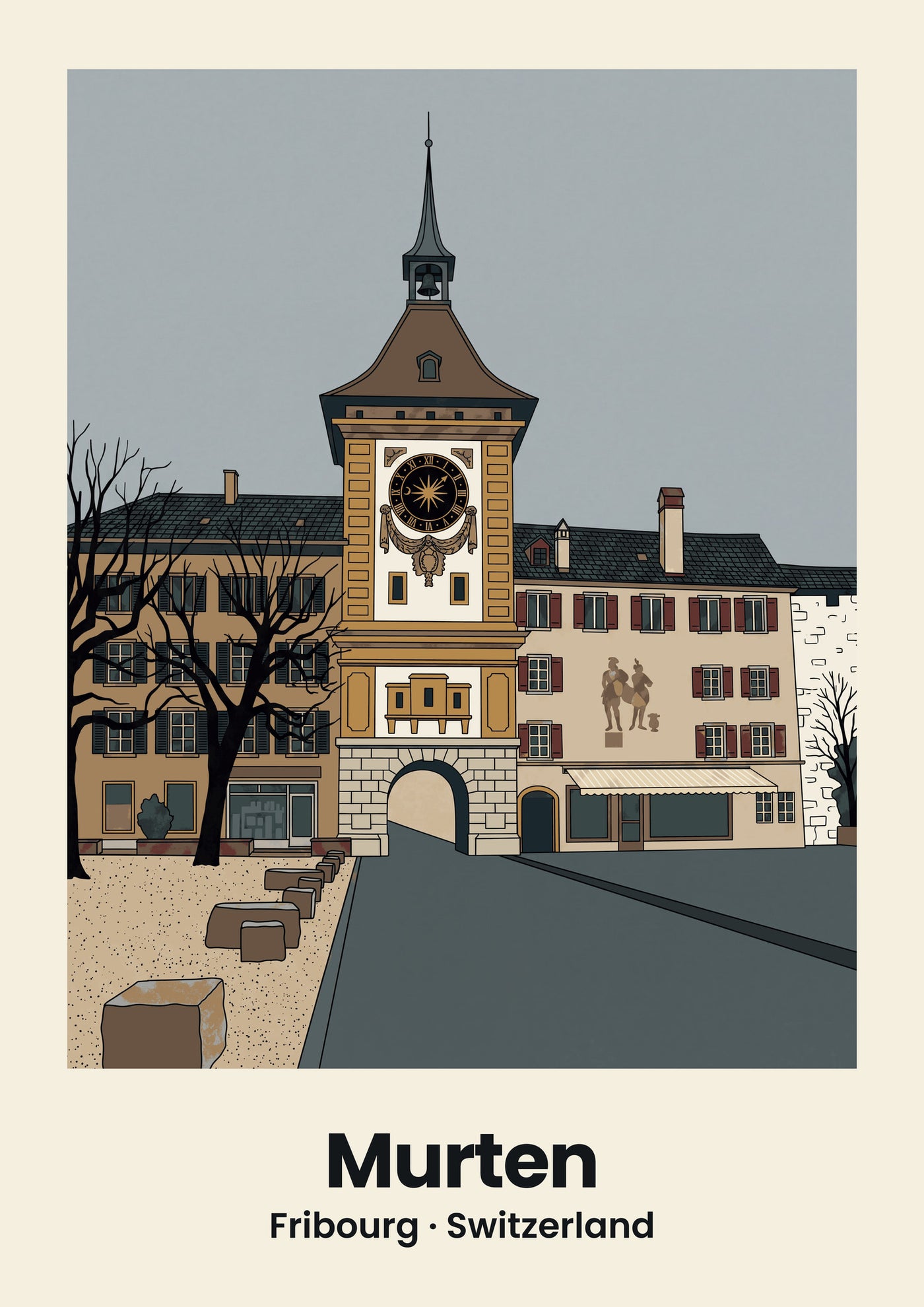 Murten Poster — Berntor, flache Illustration