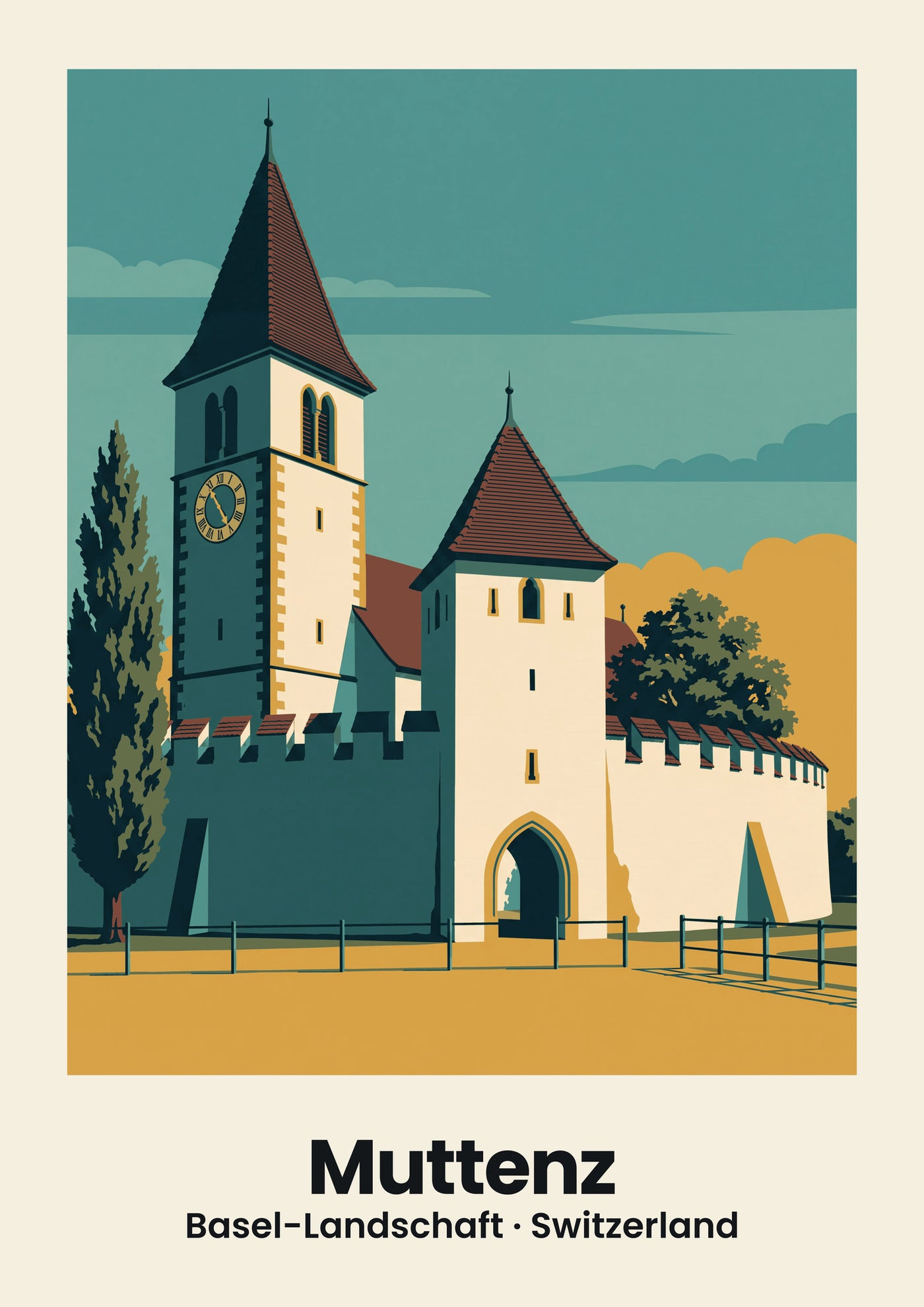 Muttenz Poster — Wehrkirche St. Arbogast, flache Illustration