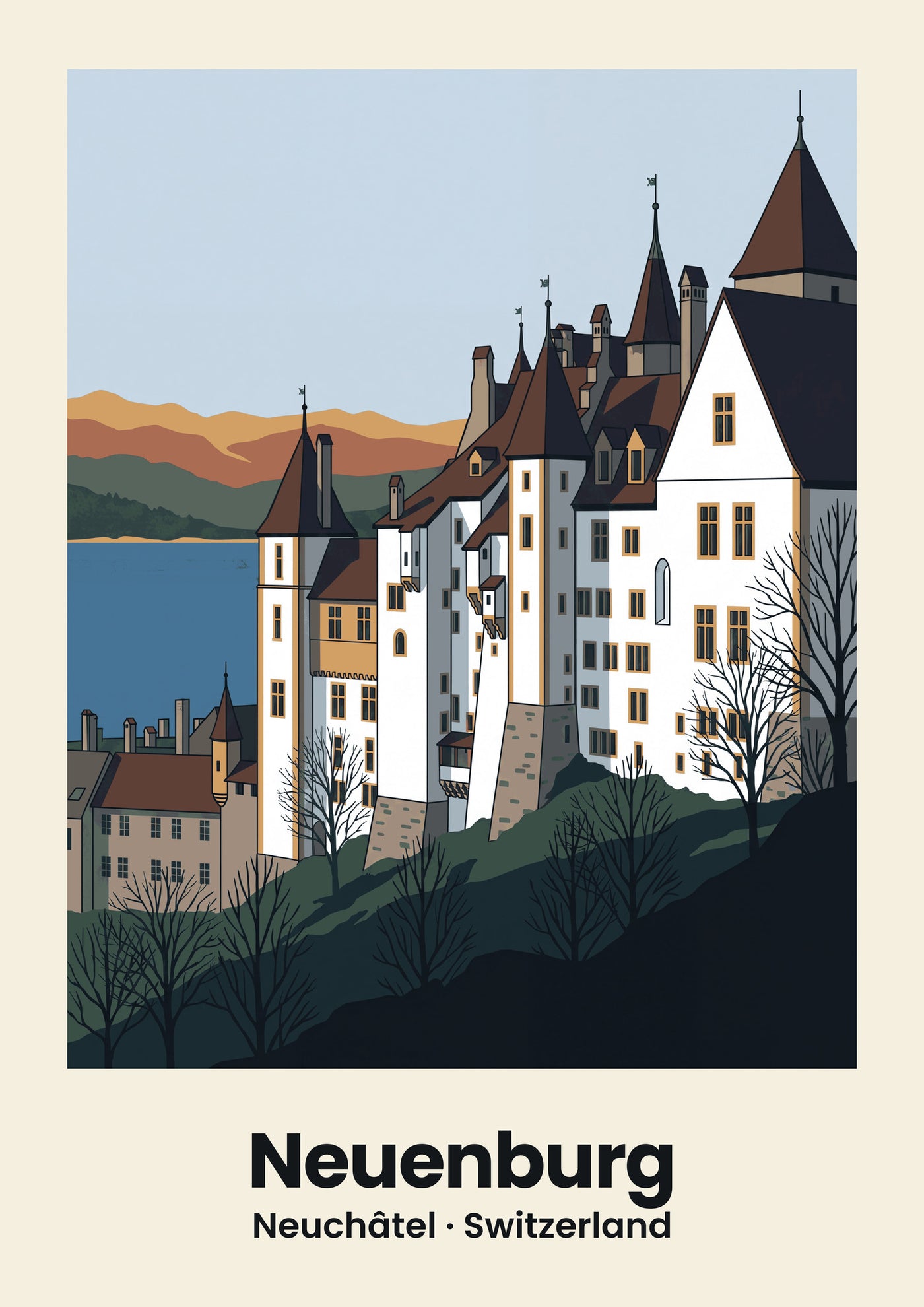 Neuenburg Poster — Château, flache Illustration