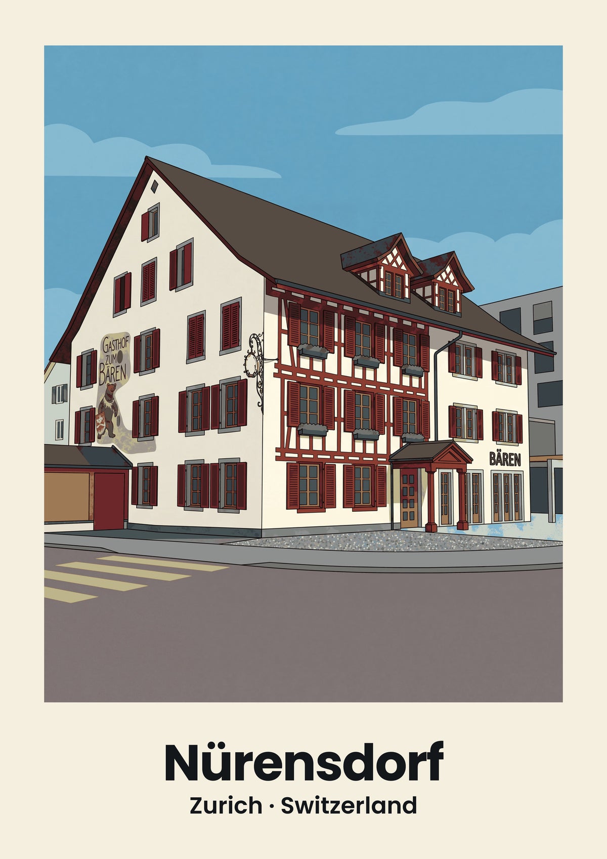 Nürensdorf Poster — Gasthof Bären, flache Illustration