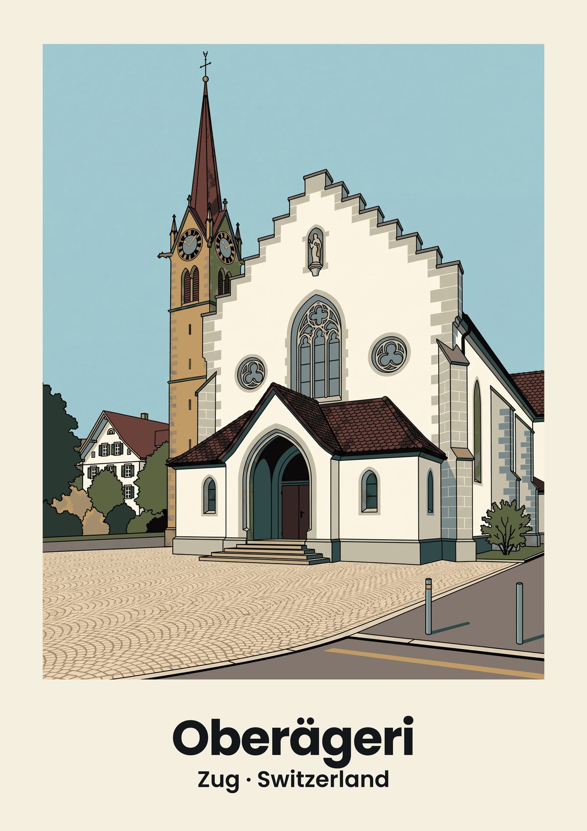 Oberägeri Poster — Pfarrkirche St. Peter und Paul, flache Illustration