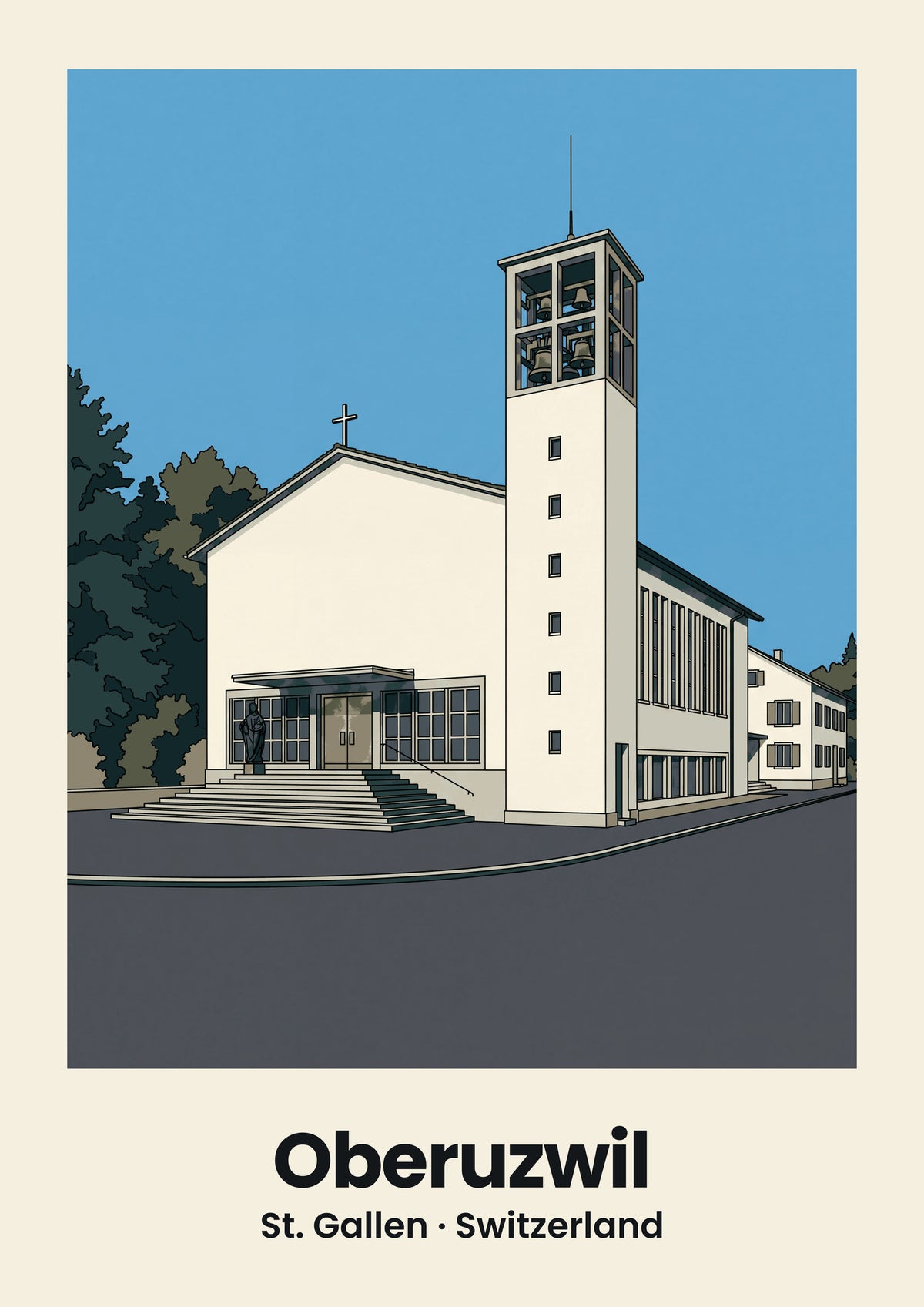 Oberuzwil Poster — Katholische Kirche St. Gallus, flache Illustration