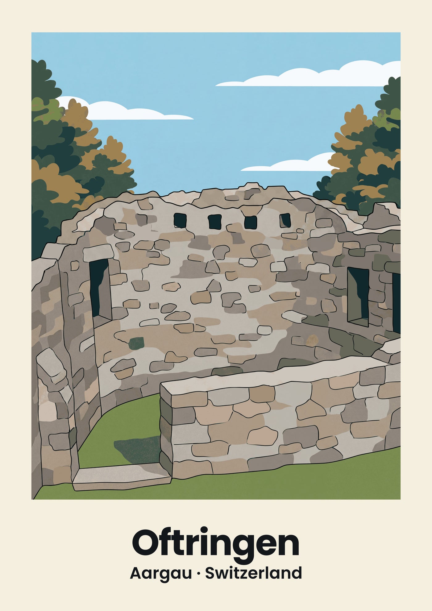 Oftringen Poster — Ruine Alt-Wartburg, flache Illustration