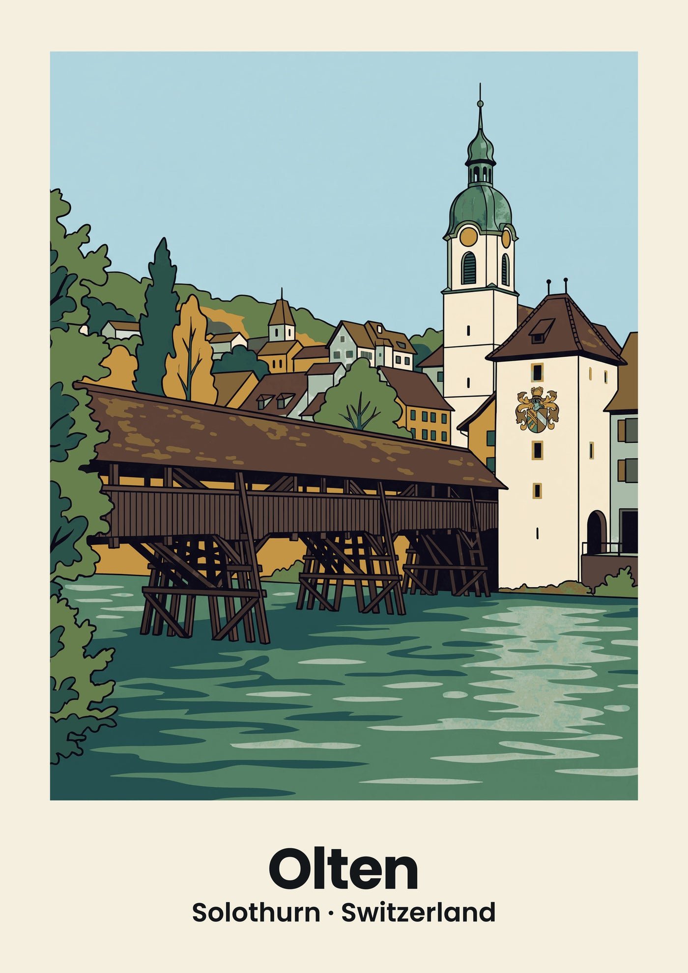 Olten Poster — Alte Holzbrücke, flache Illustration