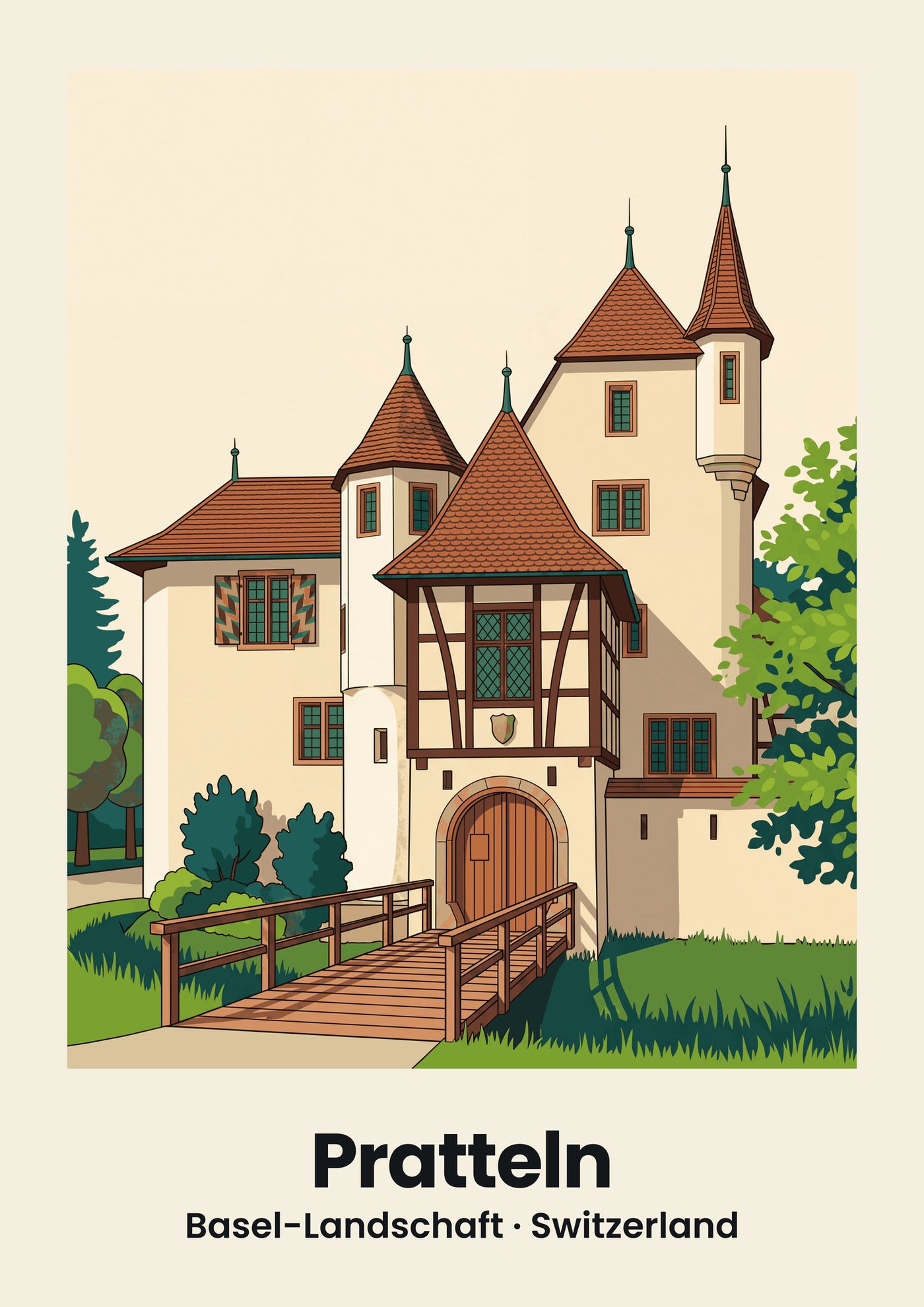 Pratteln Poster — Schloss, flache Illustration