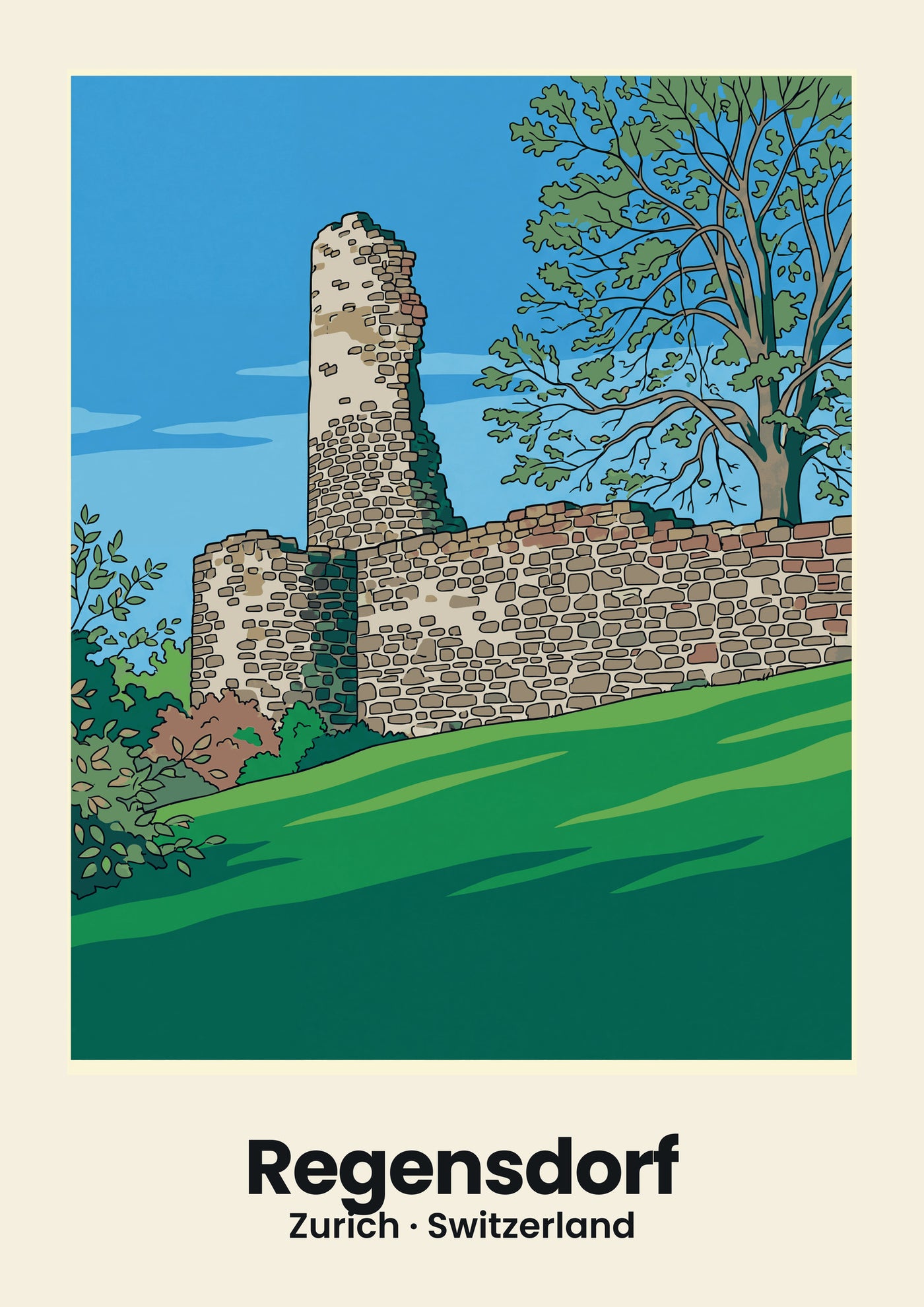 Regensdorf Poster — Burgruine, flache Illustration