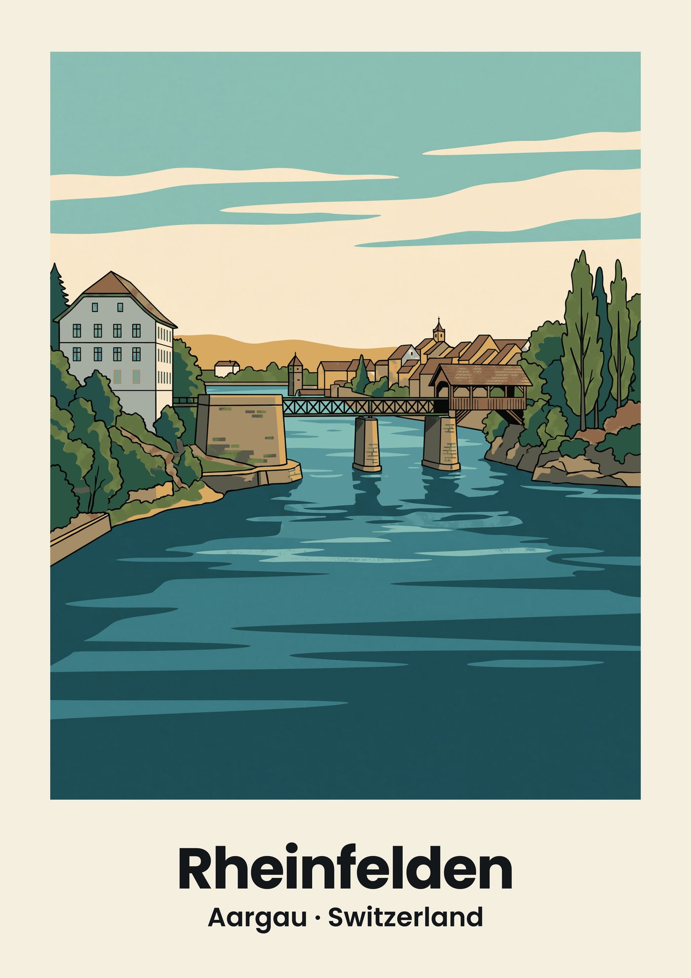 Rheinfelden Poster — Alte Rheinbrücke, flache Illustration