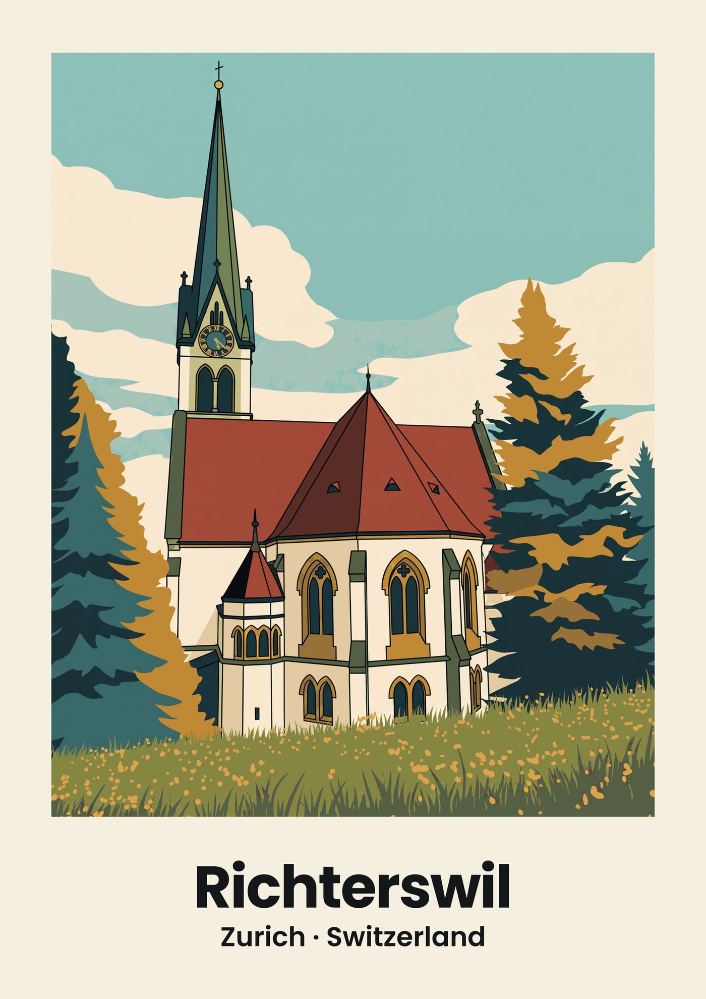 Richterswil Poster — Reformierte Kirche, flache Illustration