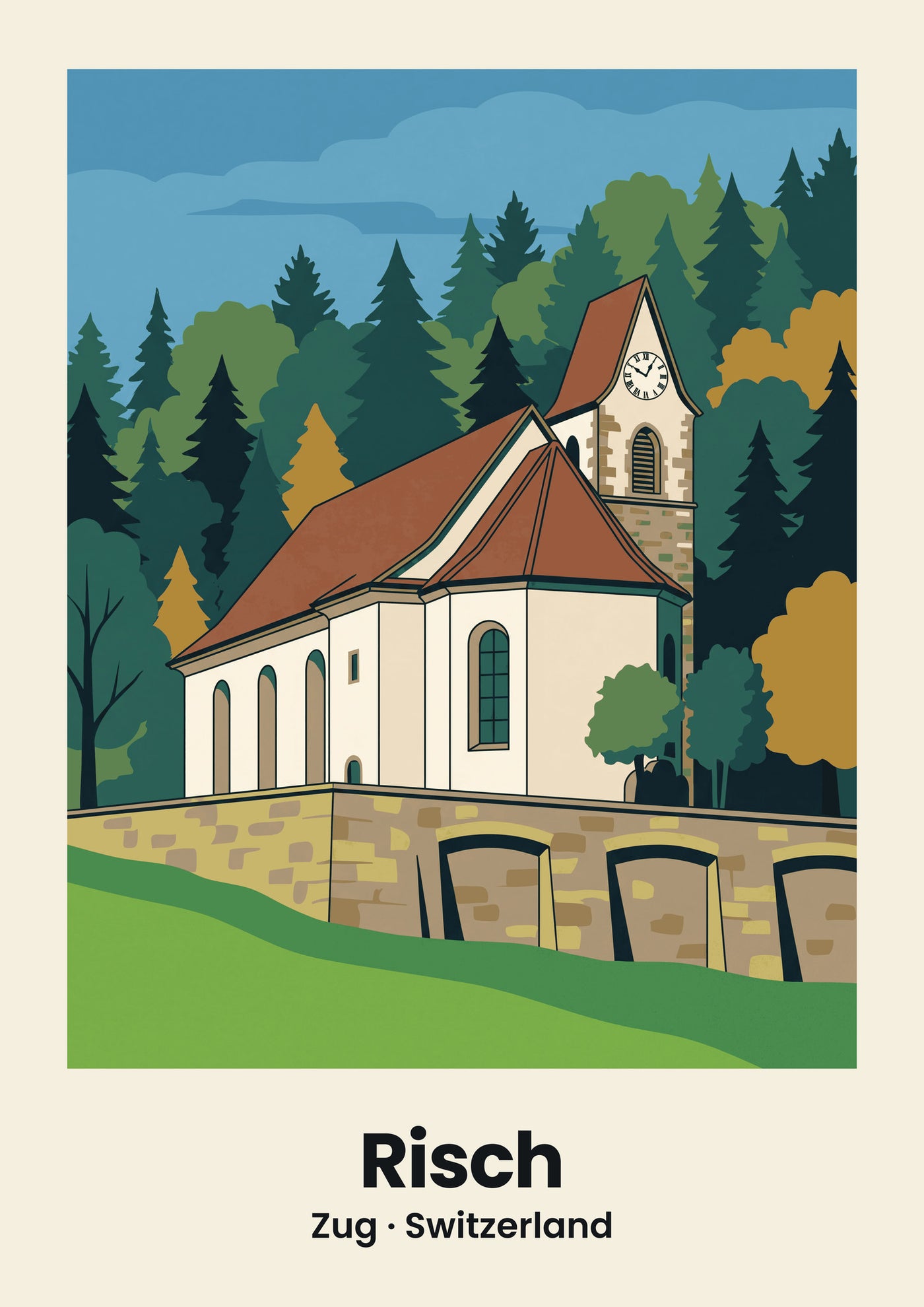 Risch Poster — St. Verena Church, flache Illustration