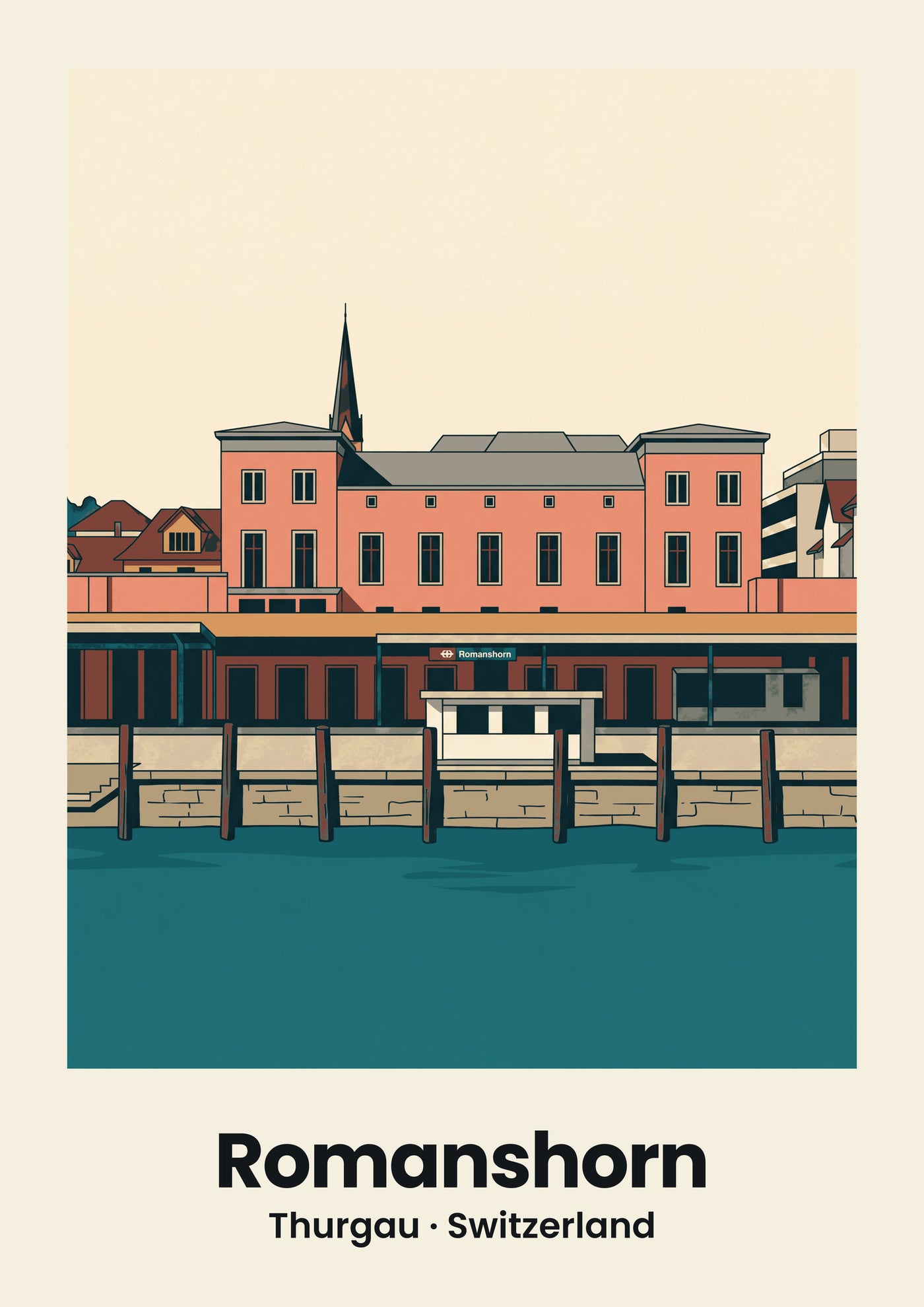 Romanshorn Poster — Hafenanlage, flache Illustration