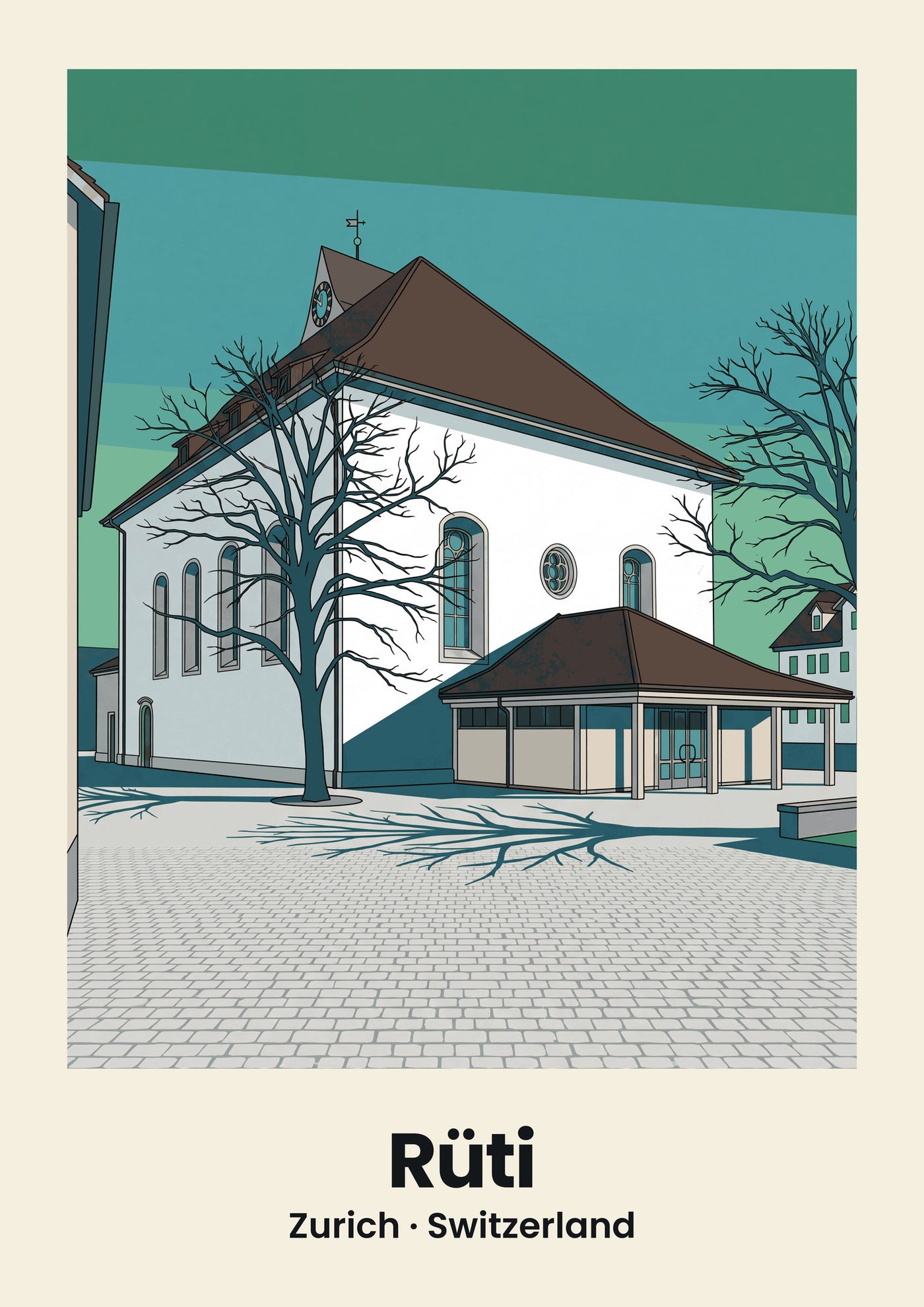 Rüti Poster — Abbey Church, flache Illustration