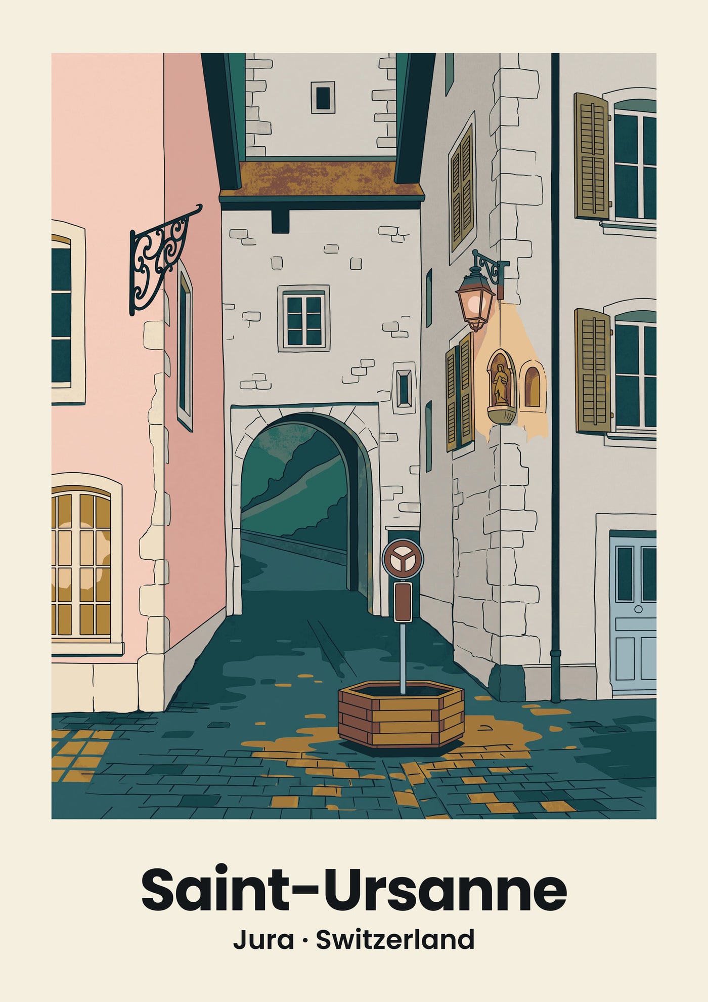 Saint-Ursanne Poster — Old Town, flache Illustration