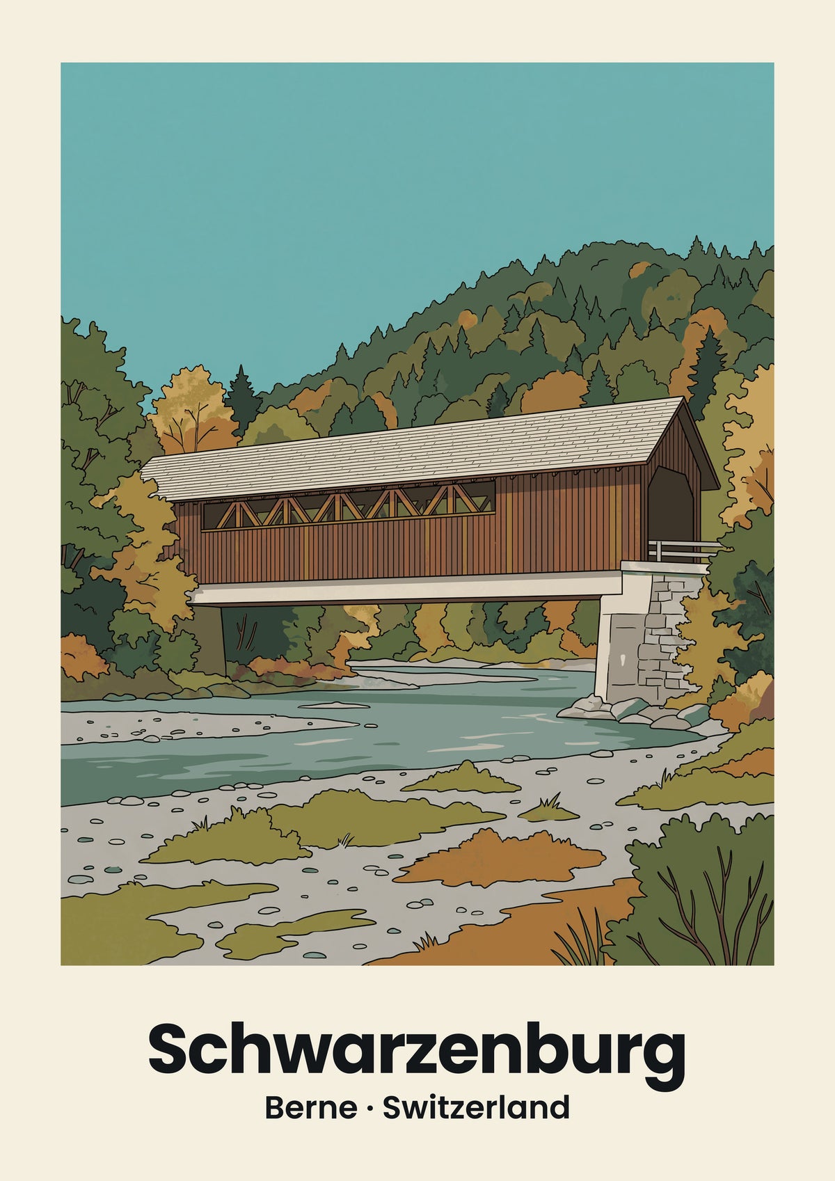 Schwarzenburg Poster — Sodbachbrücke, flache Illustration
