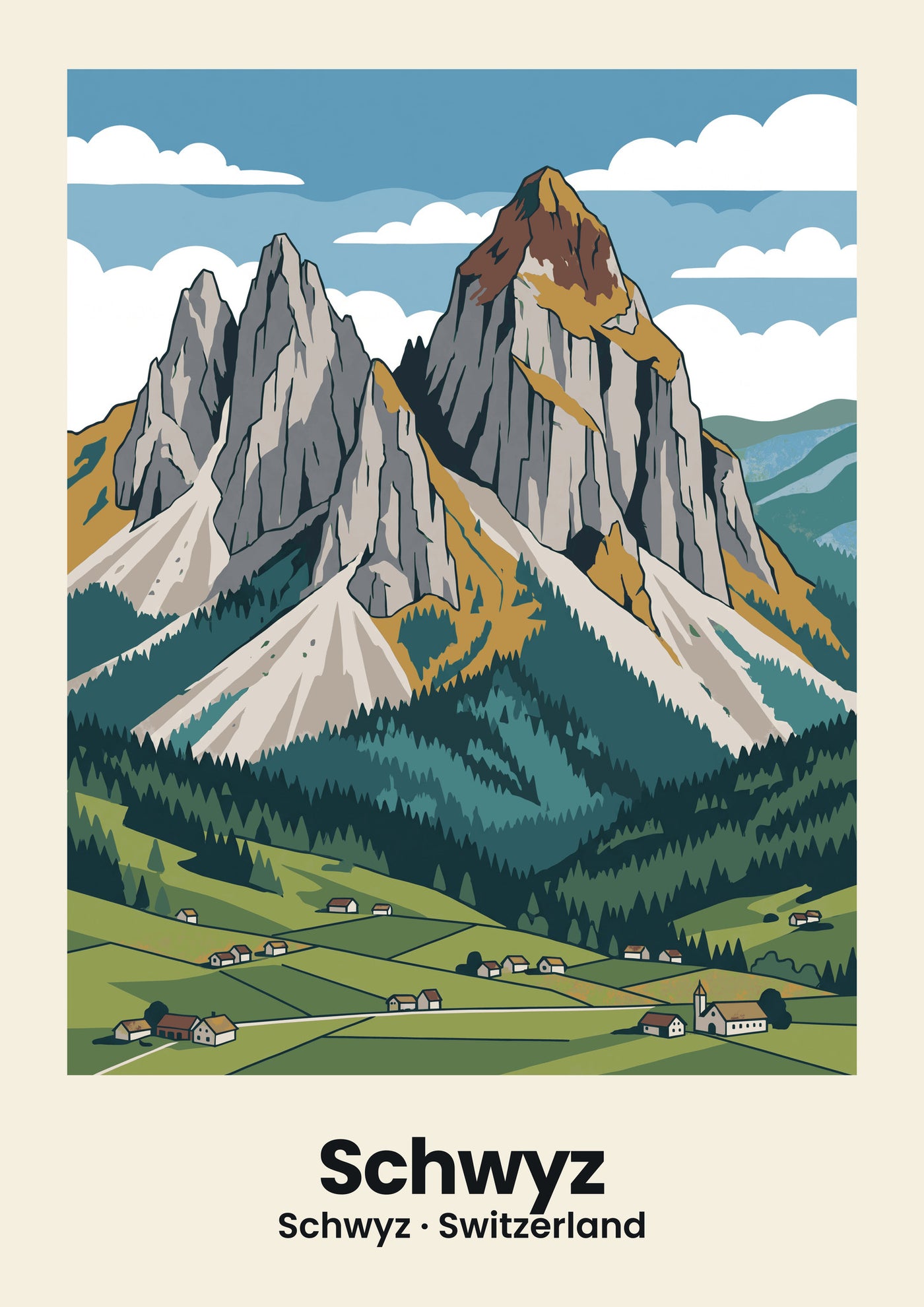 Schwyz Poster — Mythen, flache Illustration