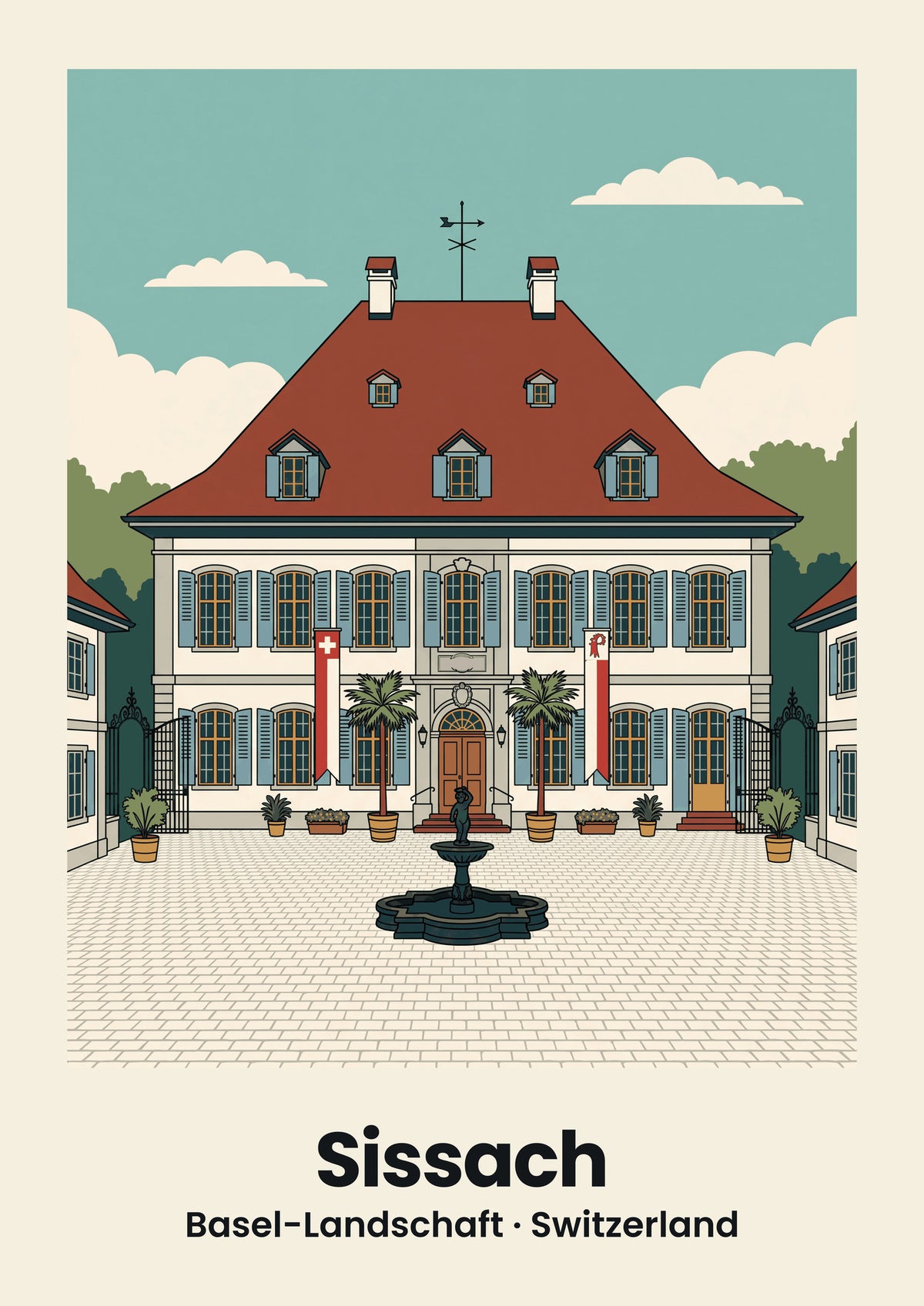 Sissach Poster — Schloss Ebenrain, flache Illustration