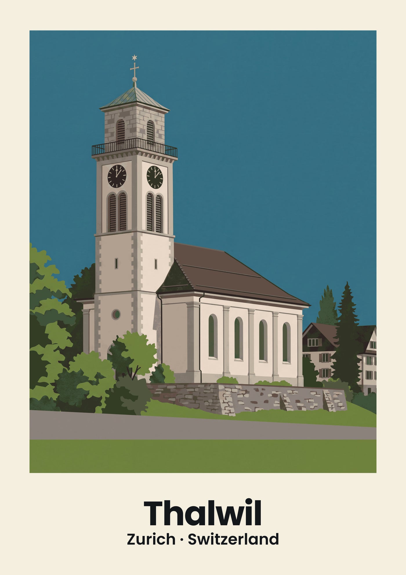 Thalwil Poster — Reformierte Kirche, flache Illustration