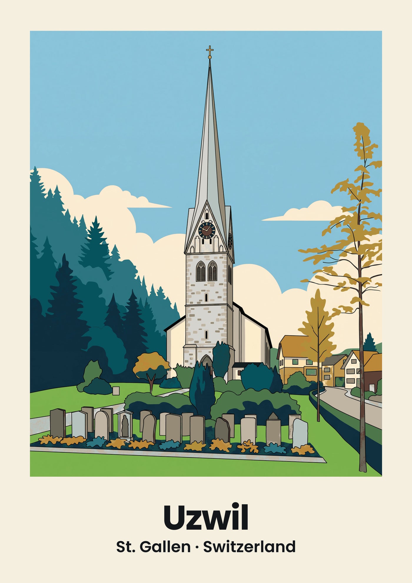 Uzwil Poster — Kirche Mariä Himmelfahrt, flache Illustration