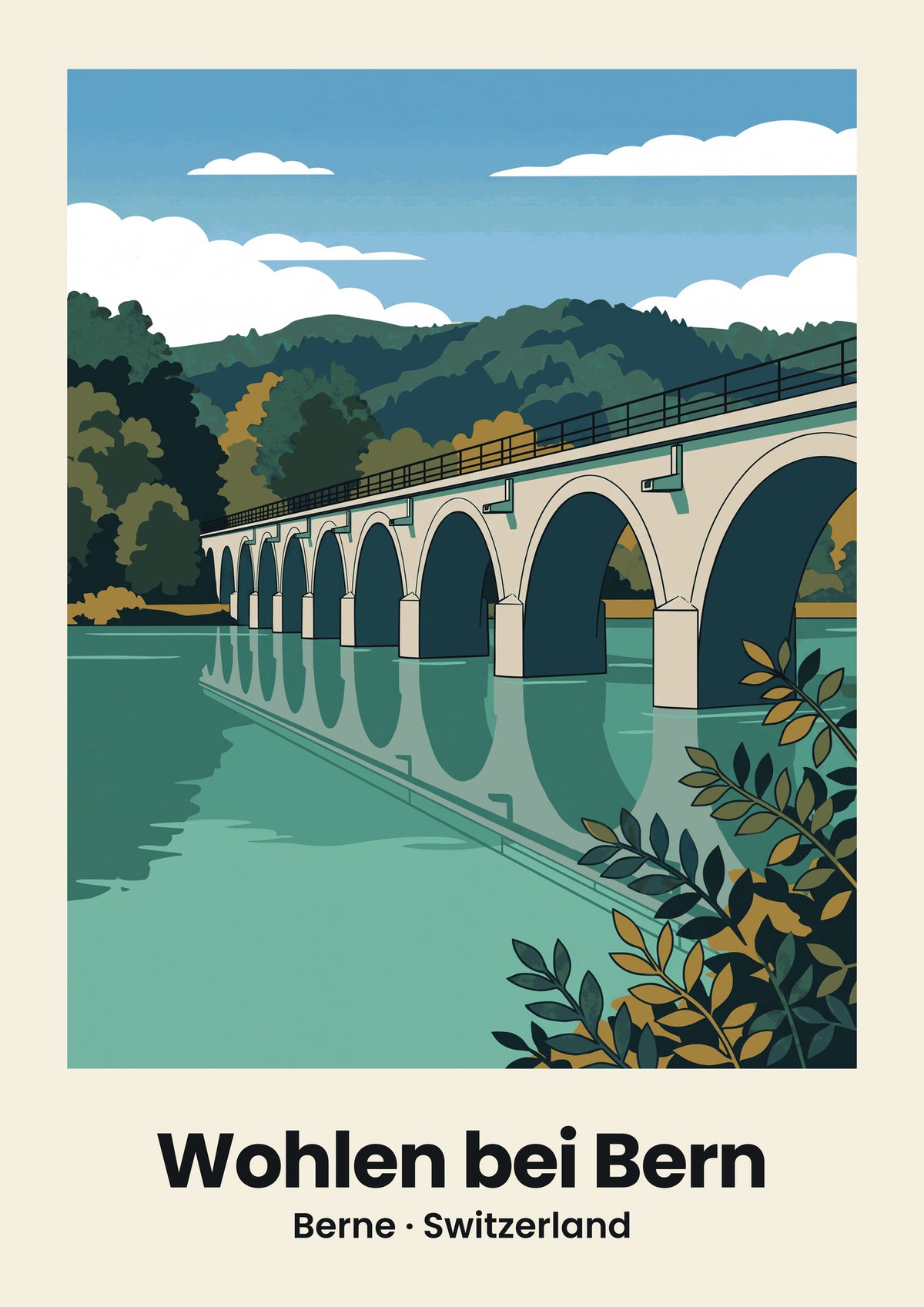 Wohlen bei Bern Poster — Wohleibrücke, flache Illustration