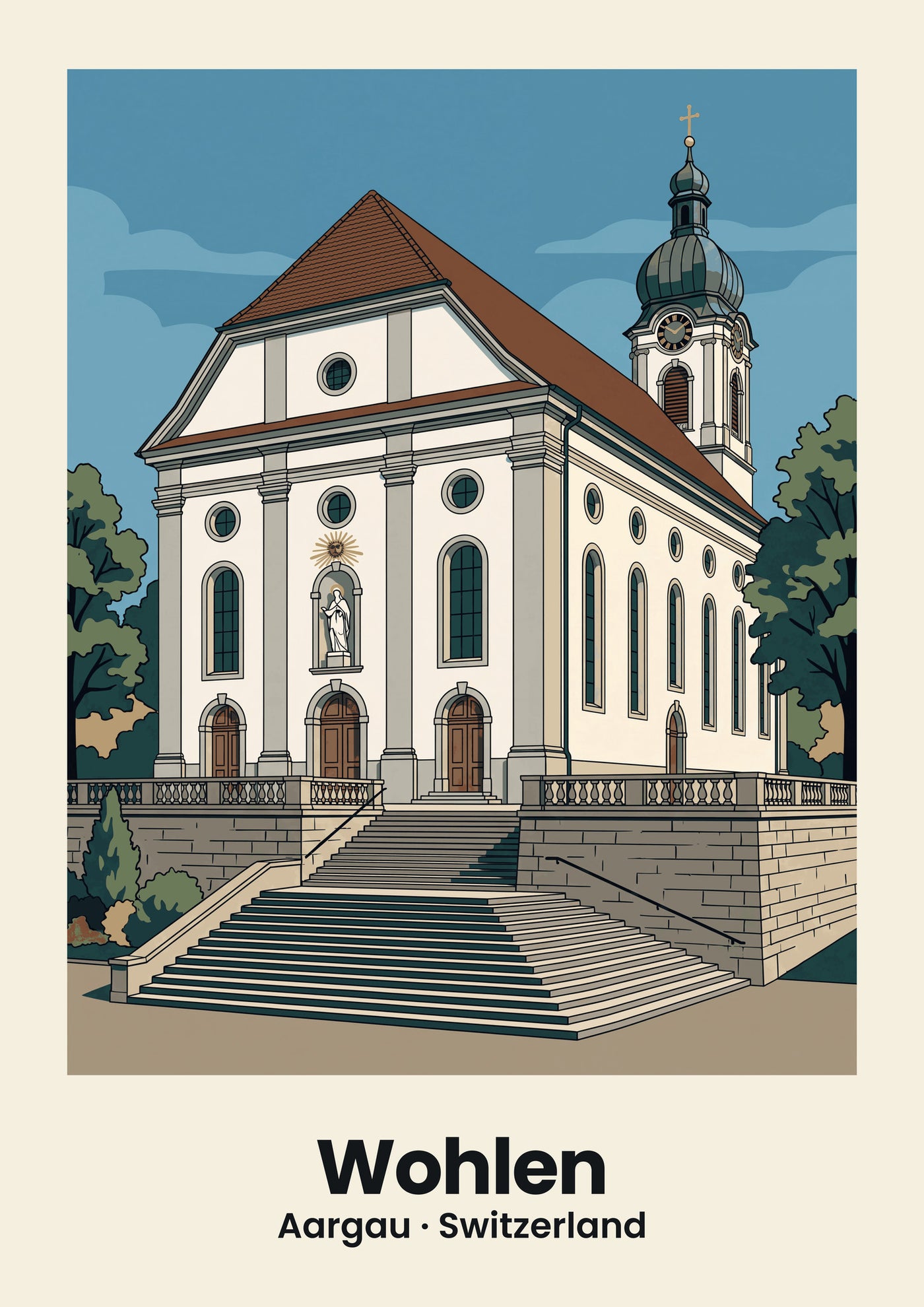 Wohlen Poster — Pfarrkirche St. Leonhard, flache Illustration