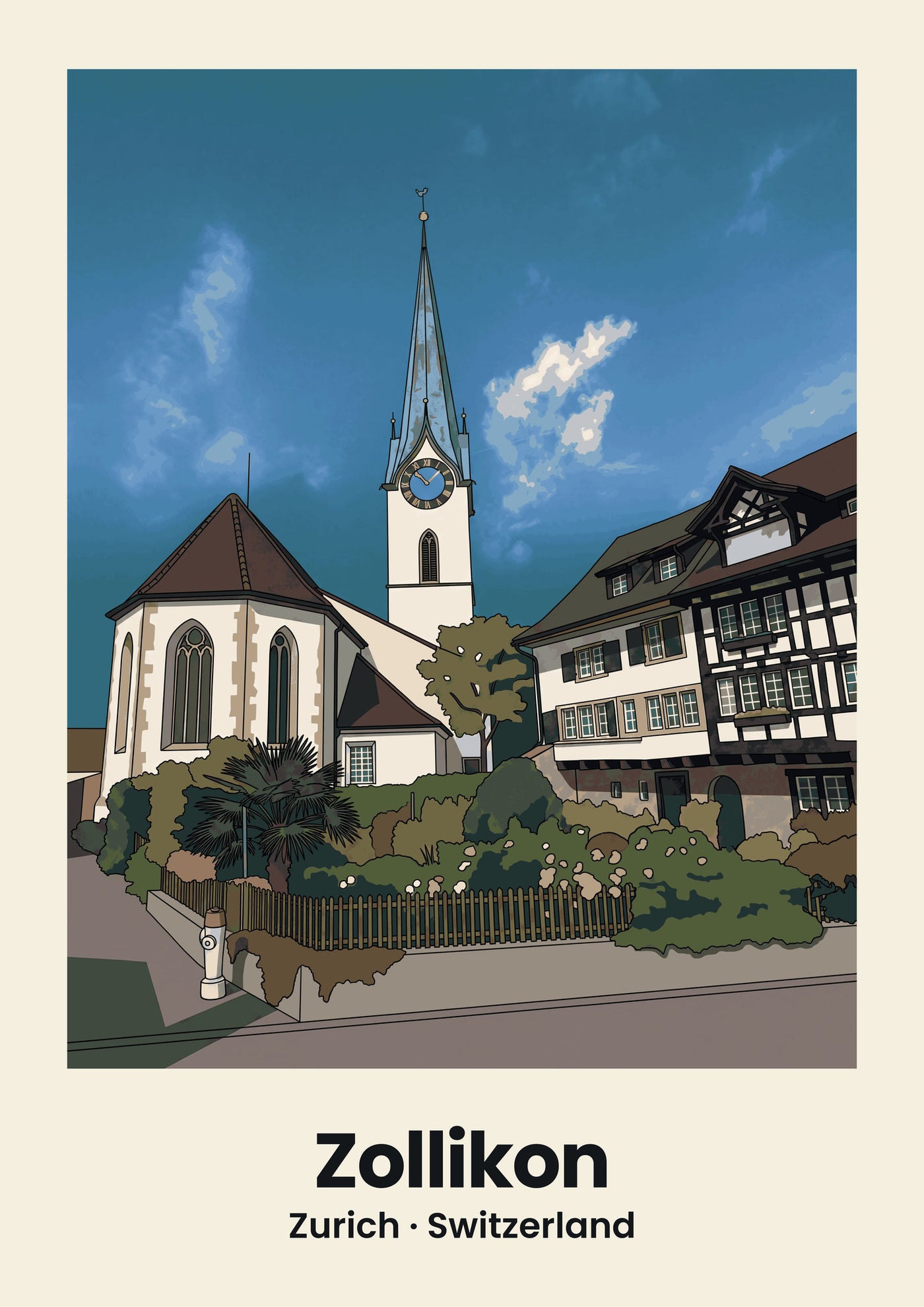 Zollikon Poster — Reformierte Kirche, flache Illustration