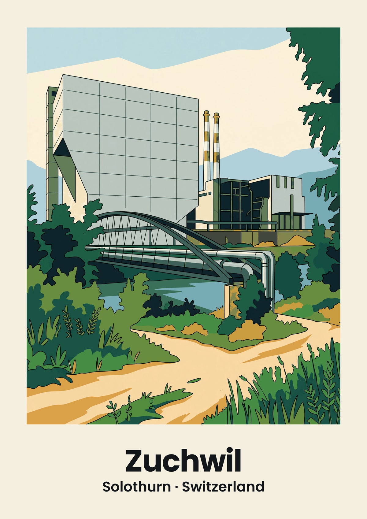 Zuchwil Poster — Industrieanlage, flache Illustration