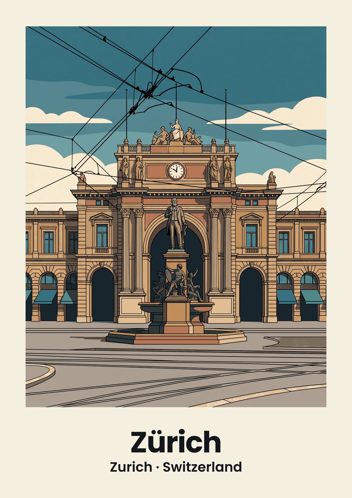Zürich Poster — Hauptbahnhof, flache Illustration