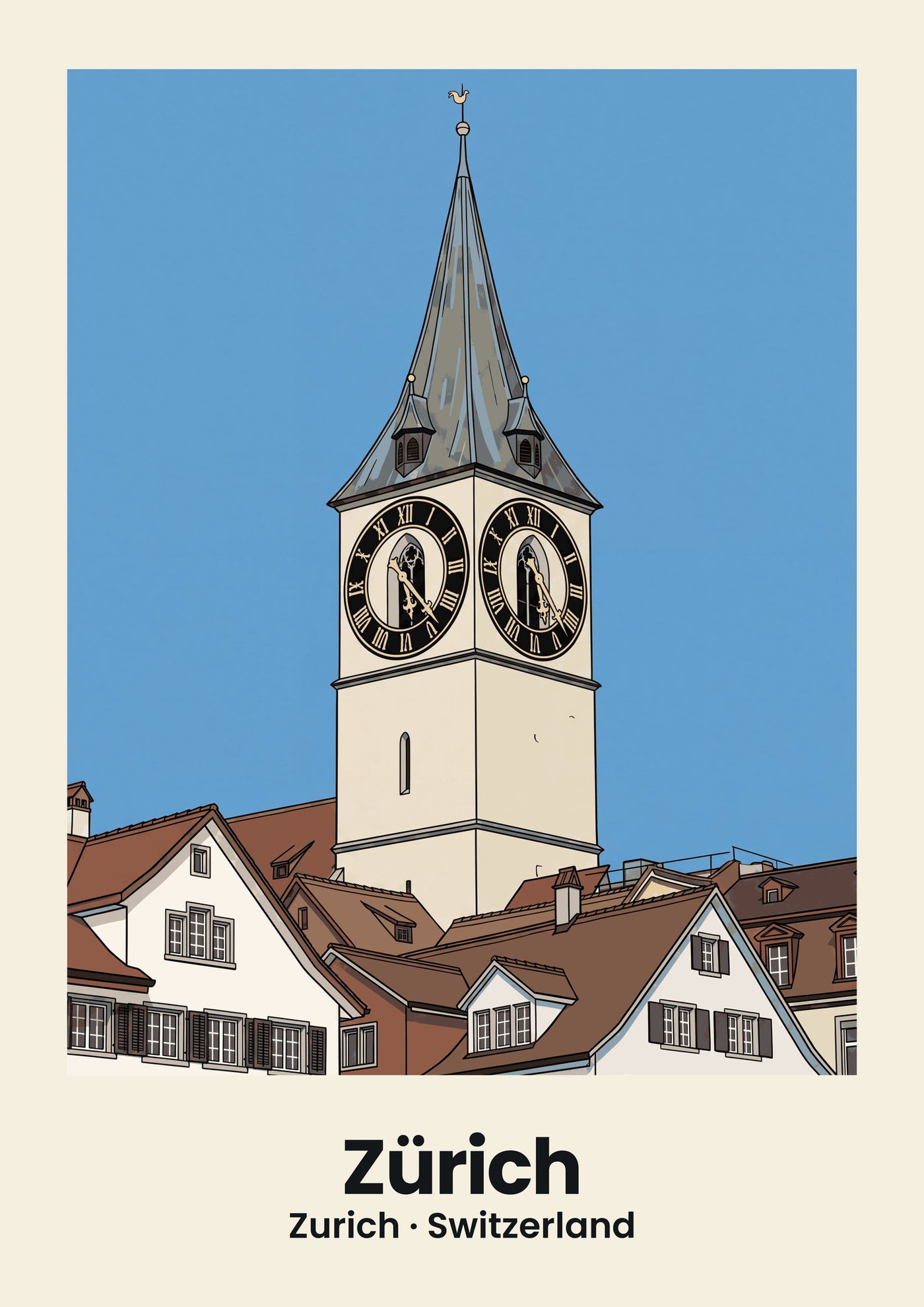 Zürich Poster — Kirche St. Peter, flache Illustration