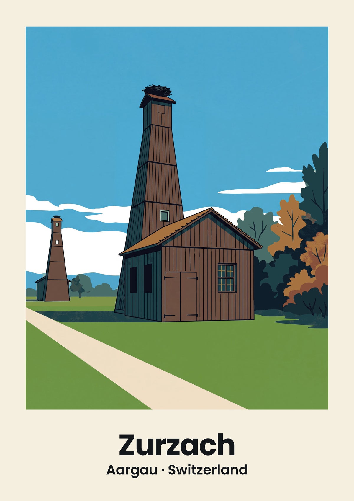 Zurzach Poster — Salzbohrtürme, flache Illustration